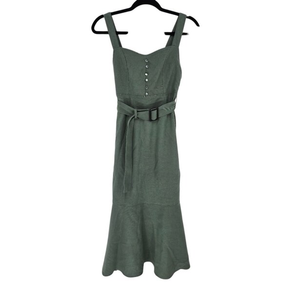 Nohea womens medium olive green belted adjustable strap mermaid midi dress NWT - Picture 1 of 12